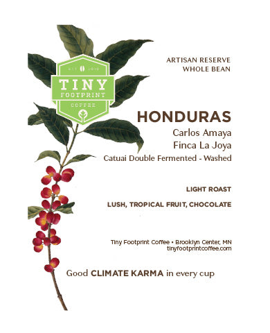 Tiny Footprint Coffee Honduras Artisan Reserve coffee label with coffee beans and leaves.